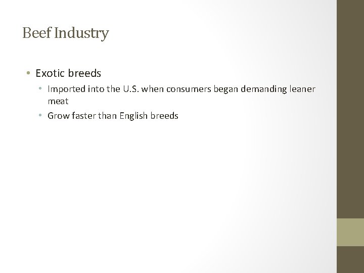 Beef Industry • Exotic breeds • Imported into the U. S. when consumers began