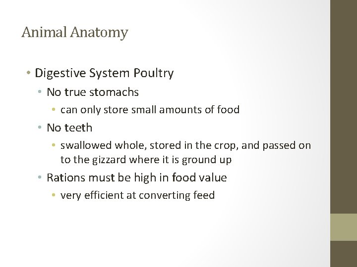 Animal Anatomy • Digestive System Poultry • No true stomachs • can only store