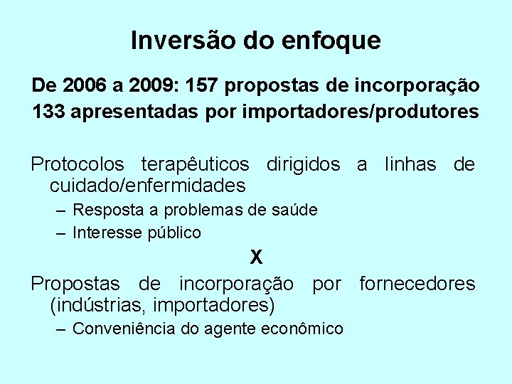 Inversão do enfoque De 2006 a 2009: 157 propostas de incorporação 133 apresentadas por