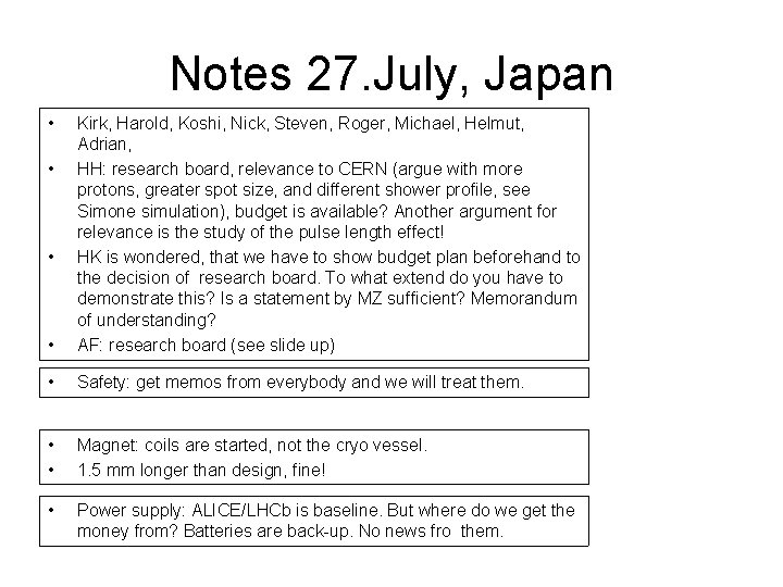 Notes 27. July, Japan • • Kirk, Harold, Koshi, Nick, Steven, Roger, Michael, Helmut,