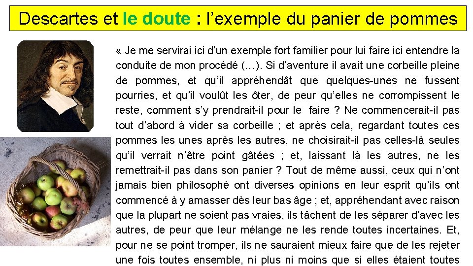 Descartes et le doute : l’exemple du panier de pommes « Je me servirai