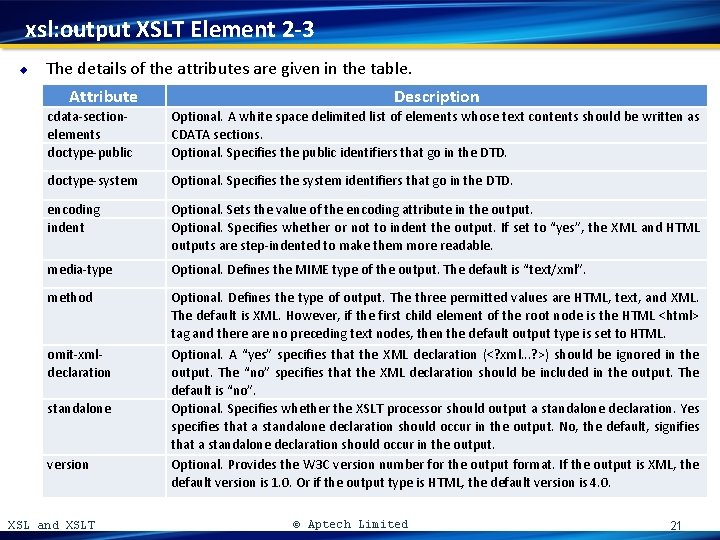xsl: output XSLT Element 2 -3 u The details of the attributes are given