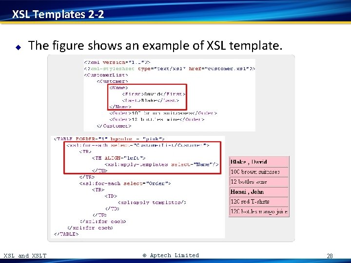 XSL Templates 2 -2 u The figure shows an example of XSL template. XSL