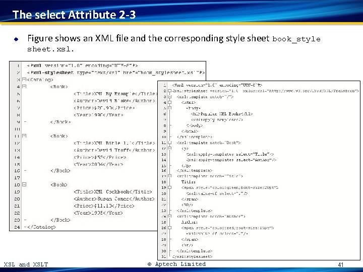 The select Attribute 2 -3 u Figure shows an XML file and the corresponding