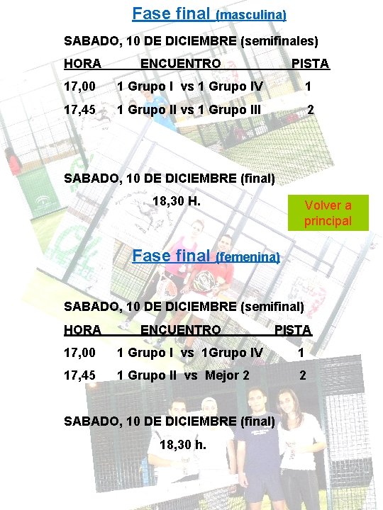 Fase final (masculina) SABADO, 10 DE DICIEMBRE (semifinales) HORA ENCUENTRO PISTA 17, 00 1