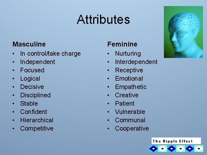 Attributes Masculine Feminine • • • • • In control/take charge Independent Focused Logical