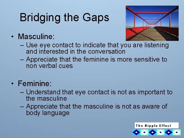 Bridging the Gaps • Masculine: – Use eye contact to indicate that you are