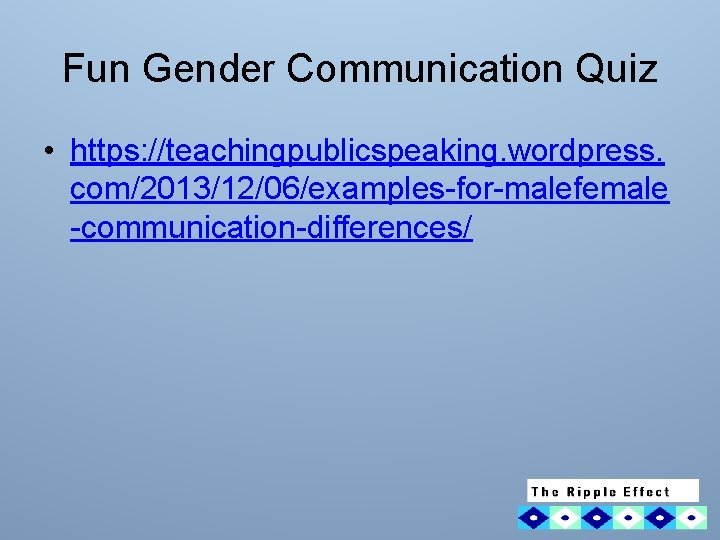 Fun Gender Communication Quiz • https: //teachingpublicspeaking. wordpress. com/2013/12/06/examples-for-malefemale -communication-differences/ 