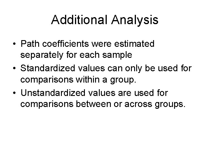 Additional Analysis • Path coefficients were estimated separately for each sample • Standardized values Additional Analysis • Path coefficients were estimated separately for each sample • Standardized values