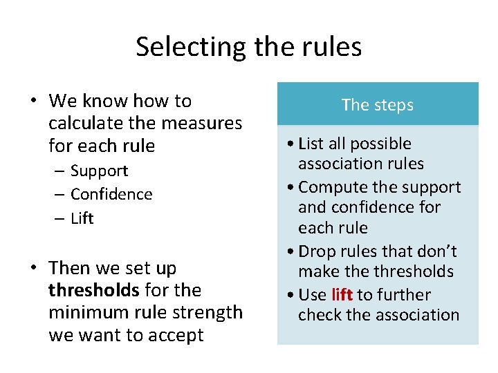 Selecting the rules • We know how to calculate the measures for each rule