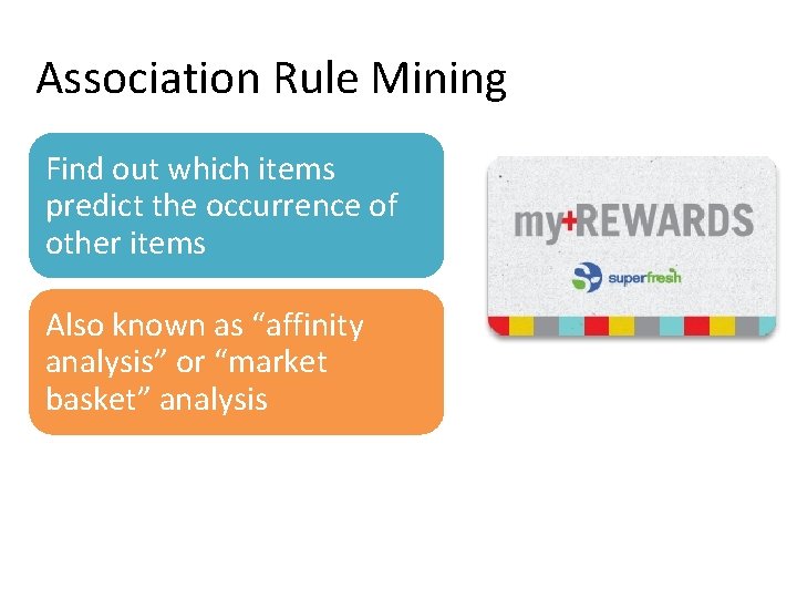 Association Rule Mining Find out which items predict the occurrence of other items Also