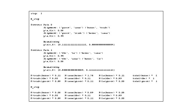 step: 2 E_step Sentence Pair 0 Alignment: ('green', 'casa') ('house', 'verde') p(a, f|e): 0.