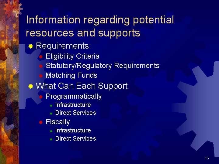 Information regarding potential resources and supports ® Requirements: ® Eligibility Criteria ® Statutory/Regulatory Requirements