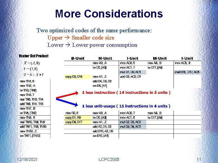 More Considerations Two optimized codes of the same performance: Upper Smaller code size Lower