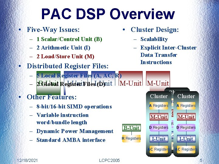 PAC DSP Overview • Five-Way Issues: • Cluster Design: – 1 Scalar/Control Unit (B)