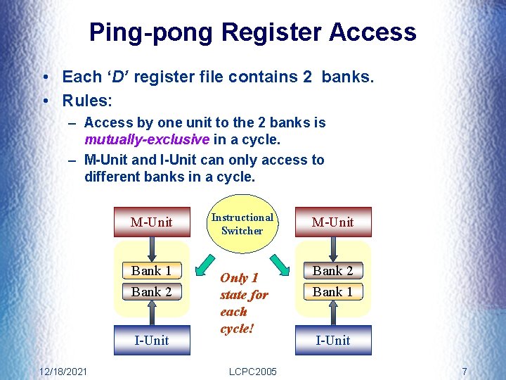 Ping-pong Register Access • Each ‘D’ register file contains 2 banks. • Rules: –