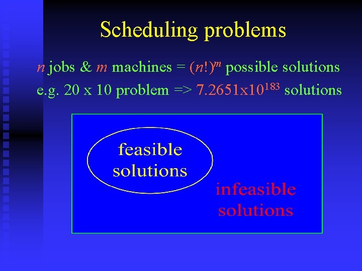 Scheduling problems n jobs & m machines = (n!)m possible solutions e. g. 20