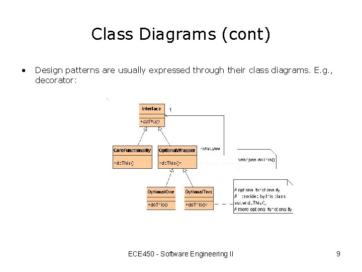 Class Diagrams (cont) • Design patterns are usually expressed through their class diagrams. E.