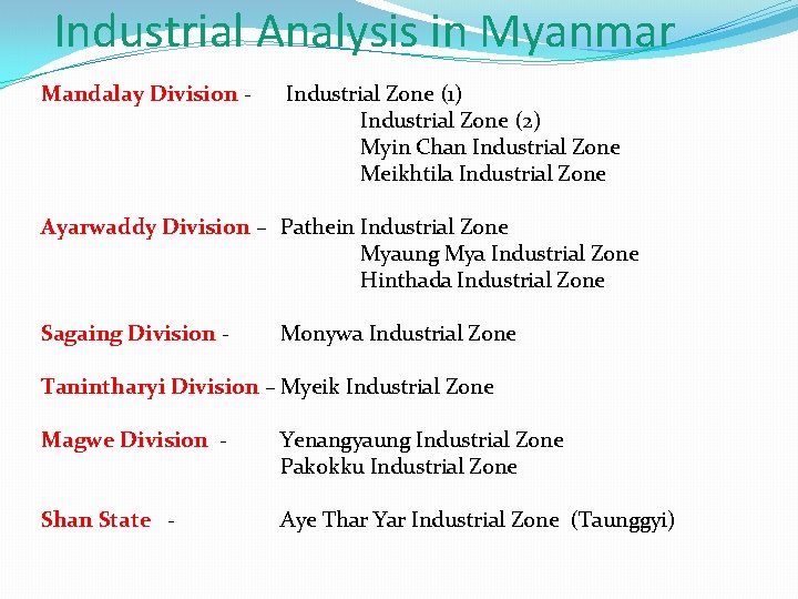 Industrial Analysis in Myanmar Mandalay Division - Industrial Zone (1) Industrial Zone (2) Myin