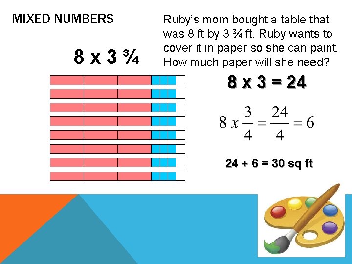 MIXED NUMBERS 8 x 3¾ Ruby’s mom bought a table that was 8 ft MIXED NUMBERS 8 x 3¾ Ruby’s mom bought a table that was 8 ft