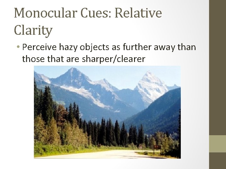 Monocular Cues: Relative Clarity • Perceive hazy objects as further away than those that