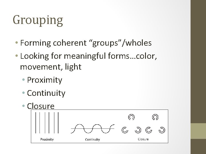 Grouping • Forming coherent “groups”/wholes • Looking for meaningful forms…color, movement, light • Proximity