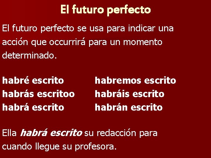 El futuro perfecto se usa para indicar una acción que occurrirá para un momento