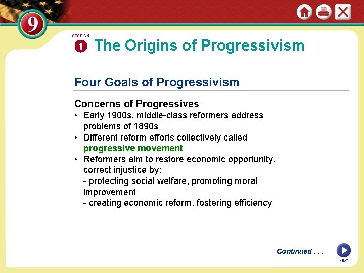 SECTION 1 The Origins of Progressivism Four Goals of Progressivism Concerns of Progressives •