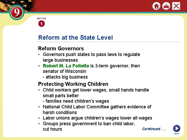 SECTION 1 Reform at the State Level Reform Governors • Governors push states to
