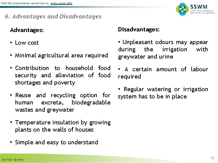 Find this presentation and more on: www. sswm. info. 6. Advantages and Disadvantages Advantages: