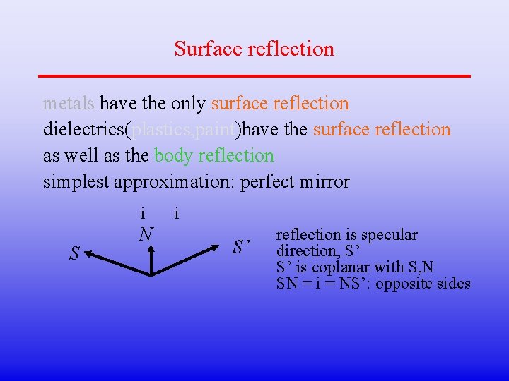 Surface reflection metals have the only surface reflection dielectrics(plastics, paint)have the surface reflection as