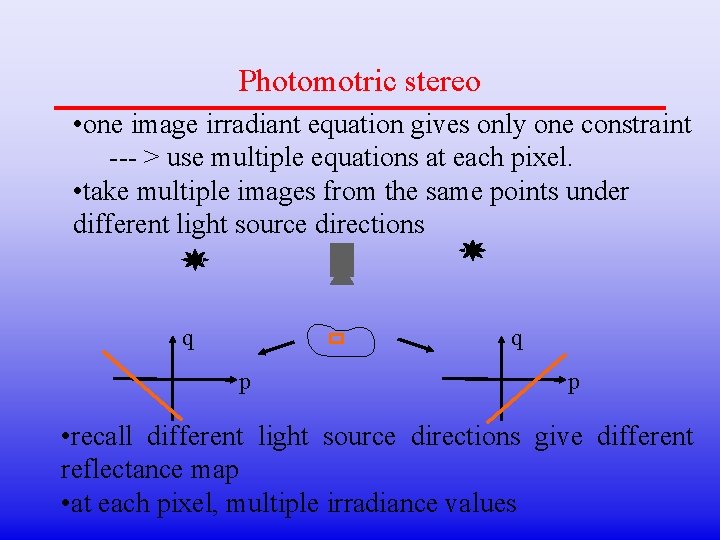 Photomotric stereo • one image irradiant equation gives only one constraint --- > use