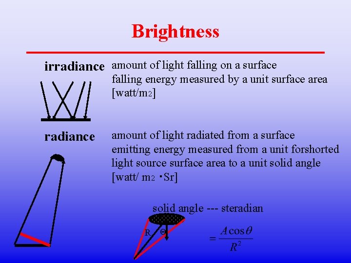 Brightness irradiance amount of light falling on a surface falling energy measured by a