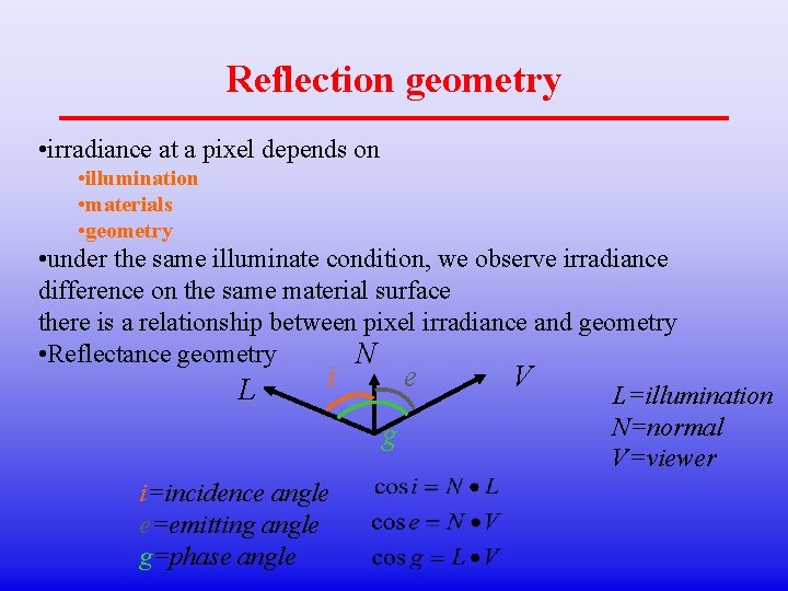 Reflection geometry • irradiance at a pixel depends on • illumination • materials •