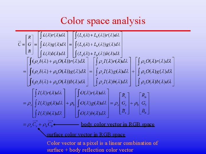 Color space analysis body color vector in RGB space surface color vector in RGB