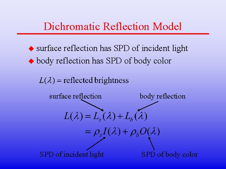 Dichromatic Reflection Model u surface reflection has SPD of incident light u body reflection