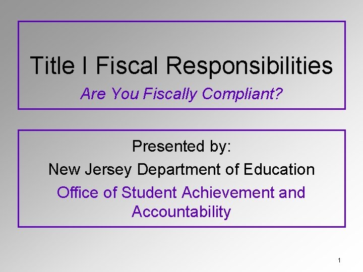 Title I Fiscal Responsibilities Are You Fiscally Compliant? Presented by: New Jersey Department of