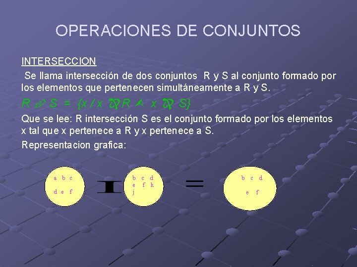 OPERACIONES DE CONJUNTOS INTERSECCION Se llama intersección de dos conjuntos R y S al
