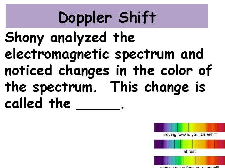 Doppler Shift Shony analyzed the electromagnetic spectrum and noticed changes in the color of