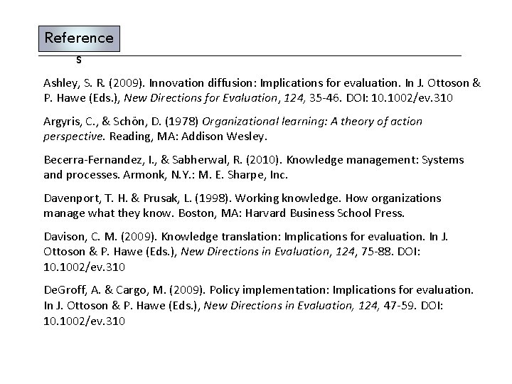 Reference s Ashley, S. R. (2009). Innovation diffusion: Implications for evaluation. In J. Ottoson