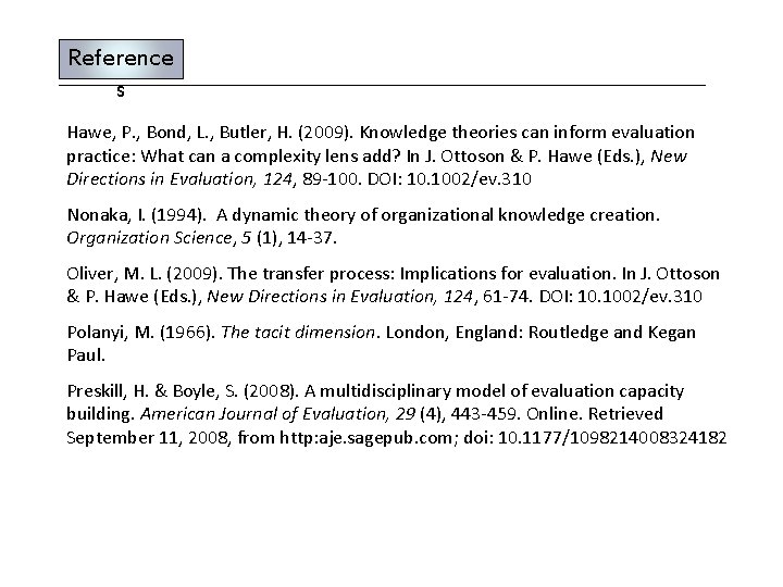 Reference s Hawe, P. , Bond, L. , Butler, H. (2009). Knowledge theories can