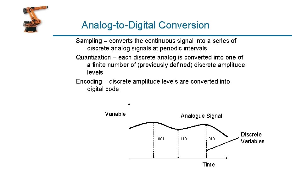 Analog-to-Digital Conversion Sampling – converts the continuous signal into a series of discrete analog