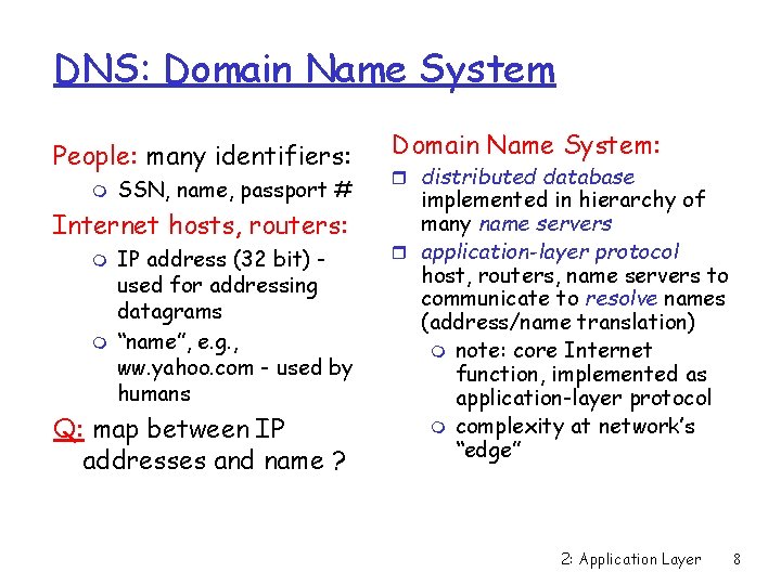 DNS: Domain Name System People: many identifiers: m SSN, name, passport # Internet hosts,