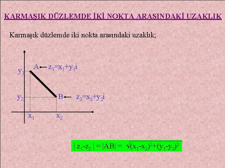 KARMAŞIK DÜZLEMDE İKİ NOKTA ARASINDAKİ UZAKLIK Karmaşık düzlemde iki nokta arasındaki uzaklık; y 1