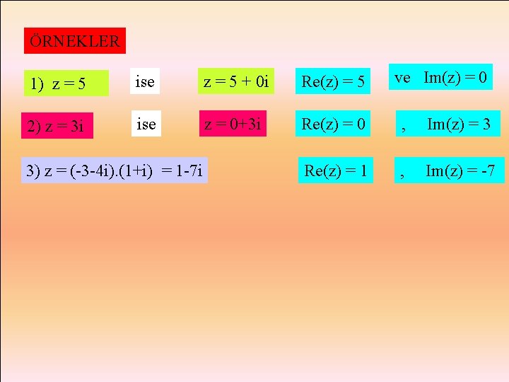 ÖRNEKLER ve Im(z) = 0 1) z = 5 ise z = 5 +