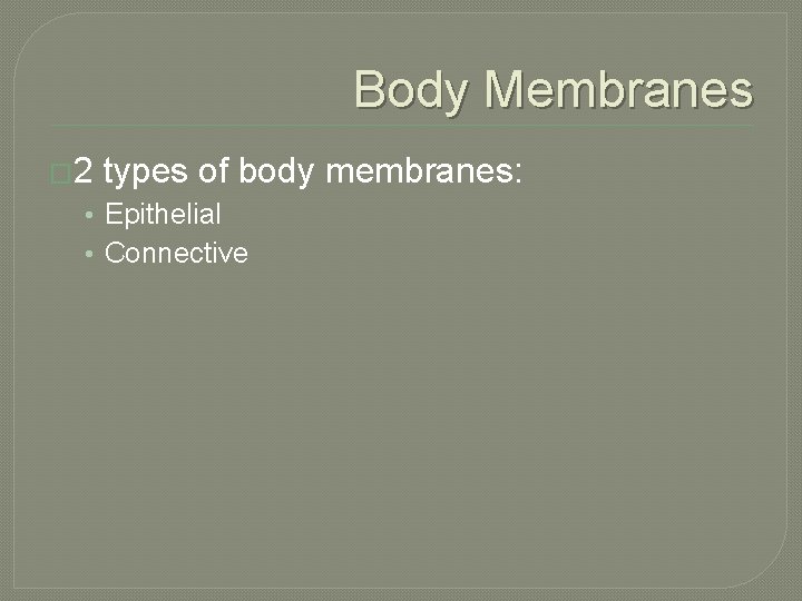 Body Membranes � 2 types of body membranes: • Epithelial • Connective 