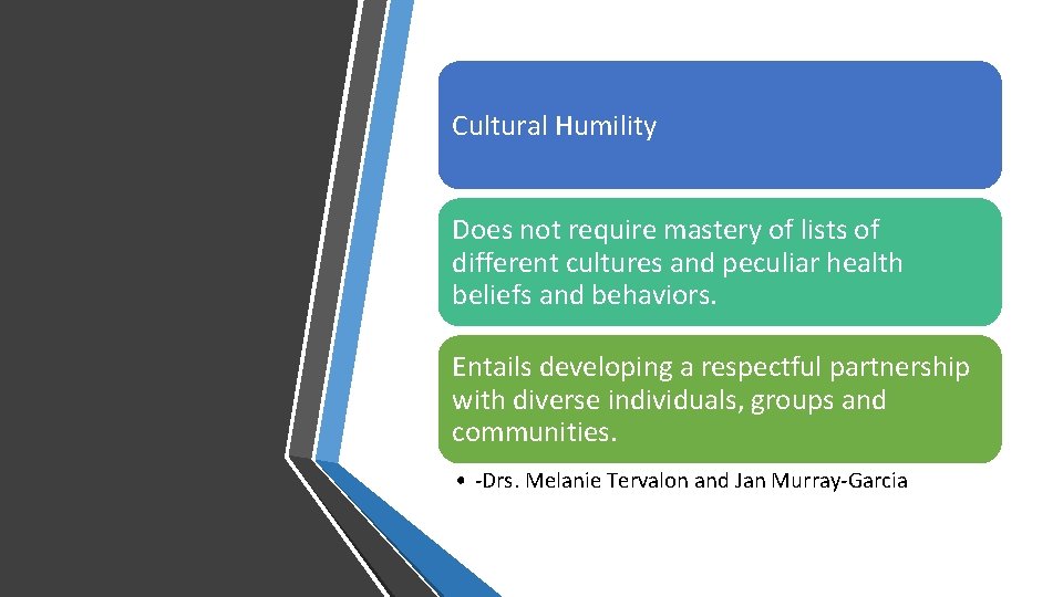 Cultural Humility Does not require mastery of lists of different cultures and peculiar health