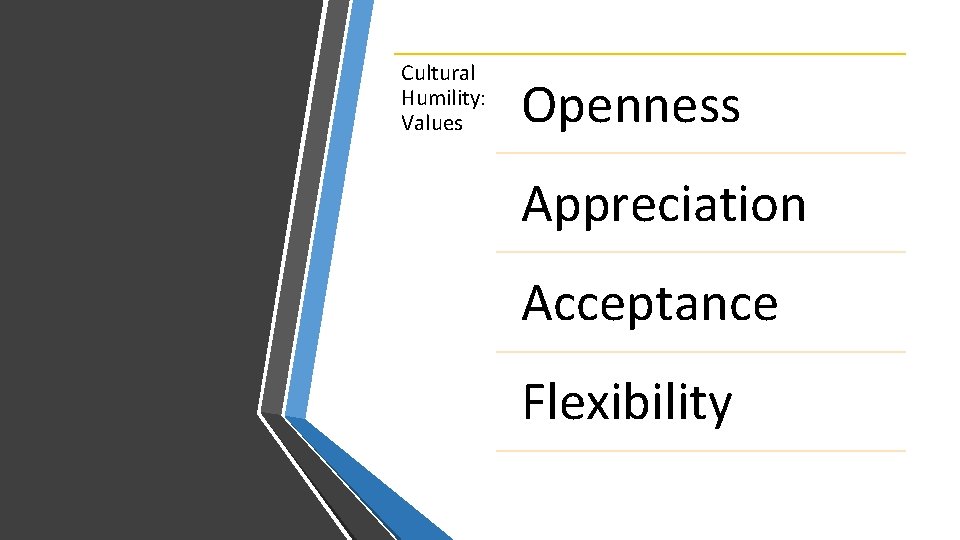 Cultural Humility: Values Openness Appreciation Acceptance Flexibility 