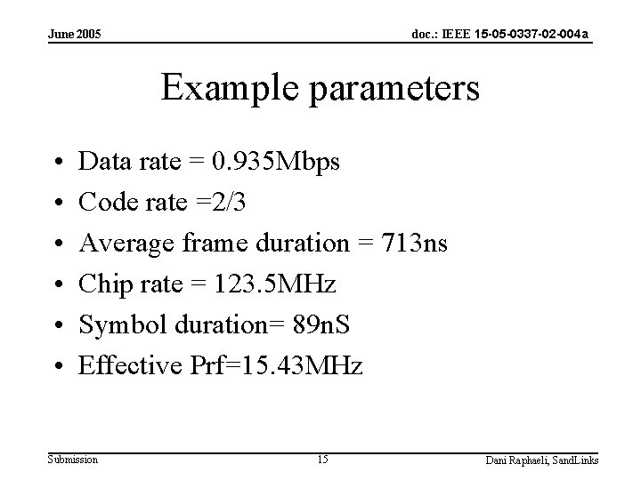 doc. : IEEE 15 -05 -0337 -02 -004 a June 2005 Example parameters •