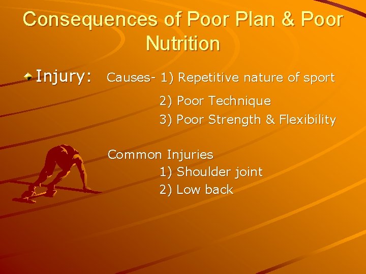 Consequences of Poor Plan & Poor Nutrition Injury: Causes- 1) Repetitive nature of sport